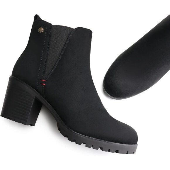 Jabasic Womens black Chelsea Block Heel Slip On Faux Suede Classic Ankle Booties - Picture 6 of 6